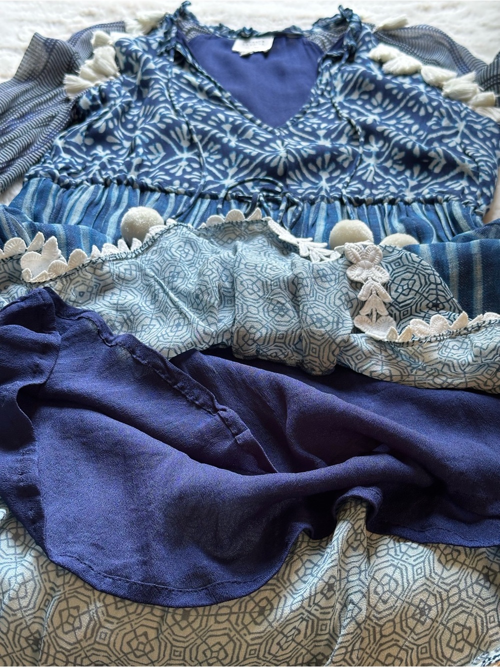 Hemant & Nandita Boho Tassel Mini Dress Blue & White Pom Pom Size XS - Picture 9 of 12